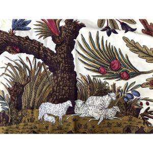 TISSU ANCIEN PAIRE DE RIDEAUX SCENE PASTORALE A L ARBRE DE VIE ART DECO IMPRIME MOUTON