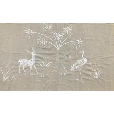 Silk Tablecloth Table Service Bed Cover Late Nineteenth Century Bird Embroidery Greenery