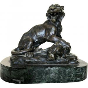Sculpture Marbre Bronze Animalier Dlg De Barye Lionne Et  Sanglier Fonte Ancienne XIXème Siecle