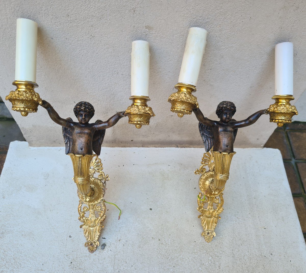 Pair Wall Lights With Putti Or Cherubs Maison Tisserant  XXème.-photo-3