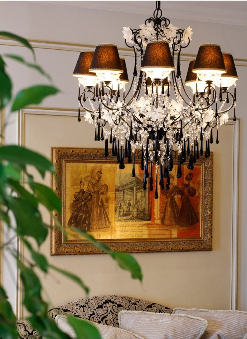 Pair Of Black Lacquered Metal Chandeliers Decorated With Faceted Beads, Drops, And Frosted Flowers-photo-3