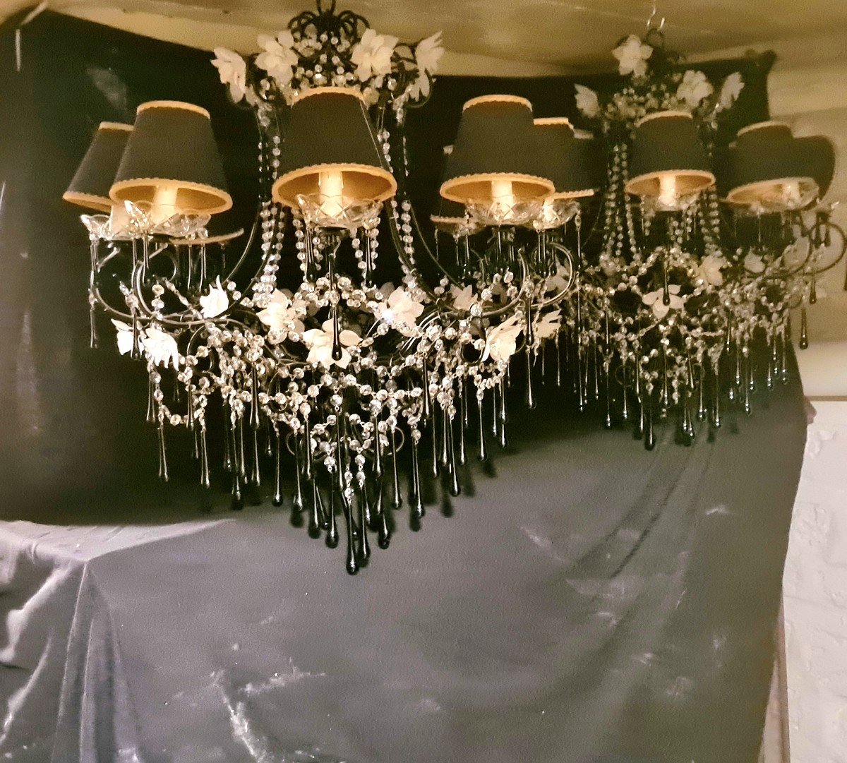 Pair Of Black Lacquered Metal Chandeliers Decorated With Faceted Beads, Drops, And Frosted Flowers