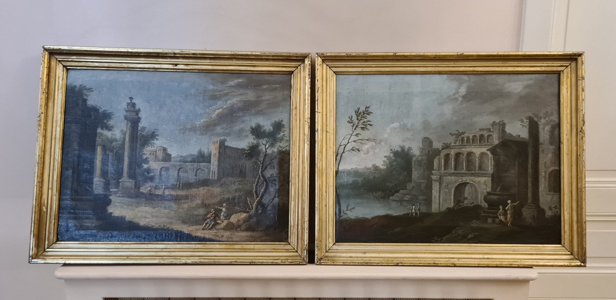 Paire De Toiles Italie Milieu Du XVIIIème Att Giacomo Van Lint (1723-1780)- Environs De Rome-photo-2