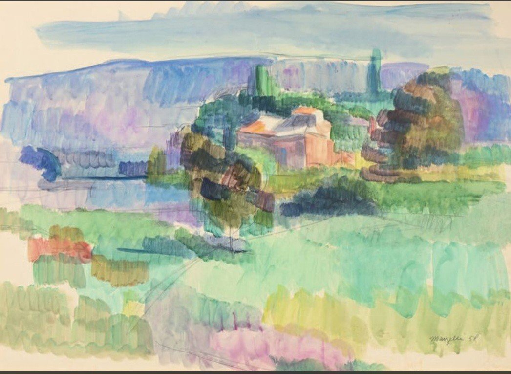 Jean Marzelle (1916-2005) Paysage Aux Cyprès - 1958 - Aquarelle Signée Et Datée 44 X 63cm