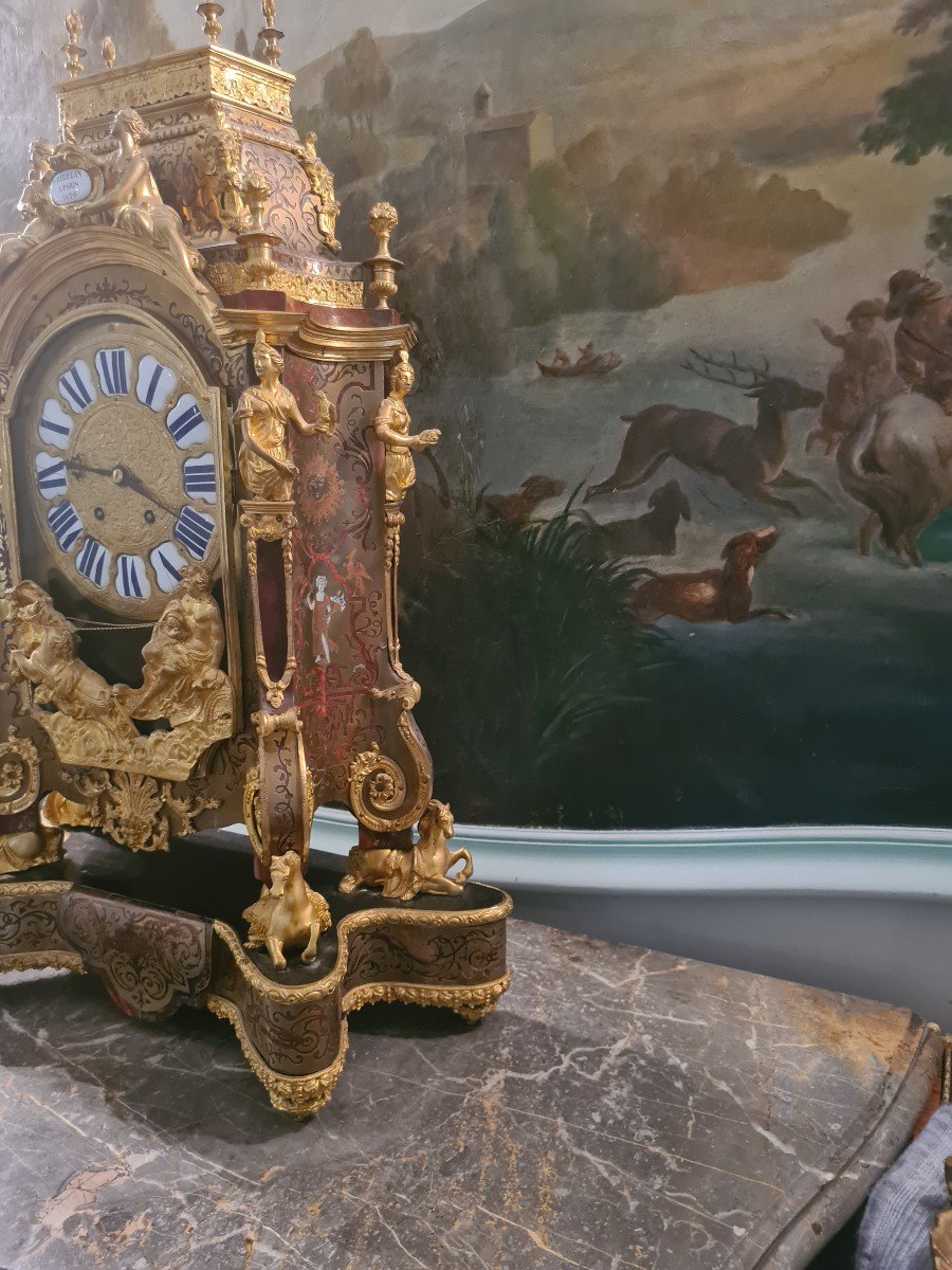 Large Clock Or Cartel In Boulle Marquetry In Brass And Tortoise Shell Louis XIV Style-photo-2