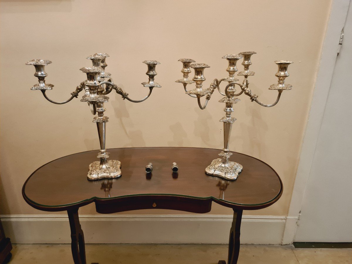 Paire De Grands Candélabres Rocailles En Métal Argenté, Seconde Moitié XIXème-photo-3