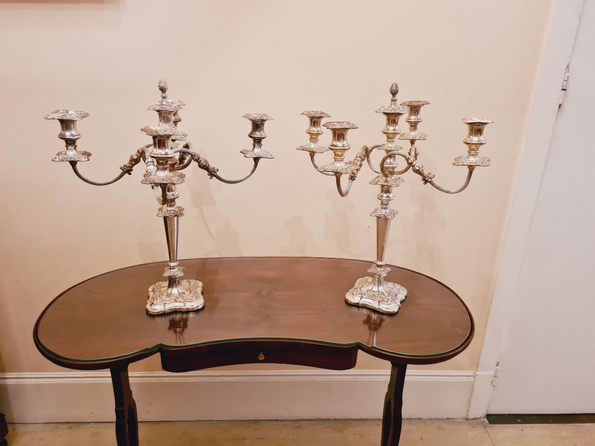 Paire De Grands Candélabres Rocailles En Métal Argenté, Seconde Moitié XIXème-photo-4