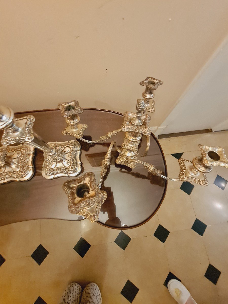 Paire De Grands Candélabres Rocailles En Métal Argenté, Seconde Moitié XIXème-photo-1