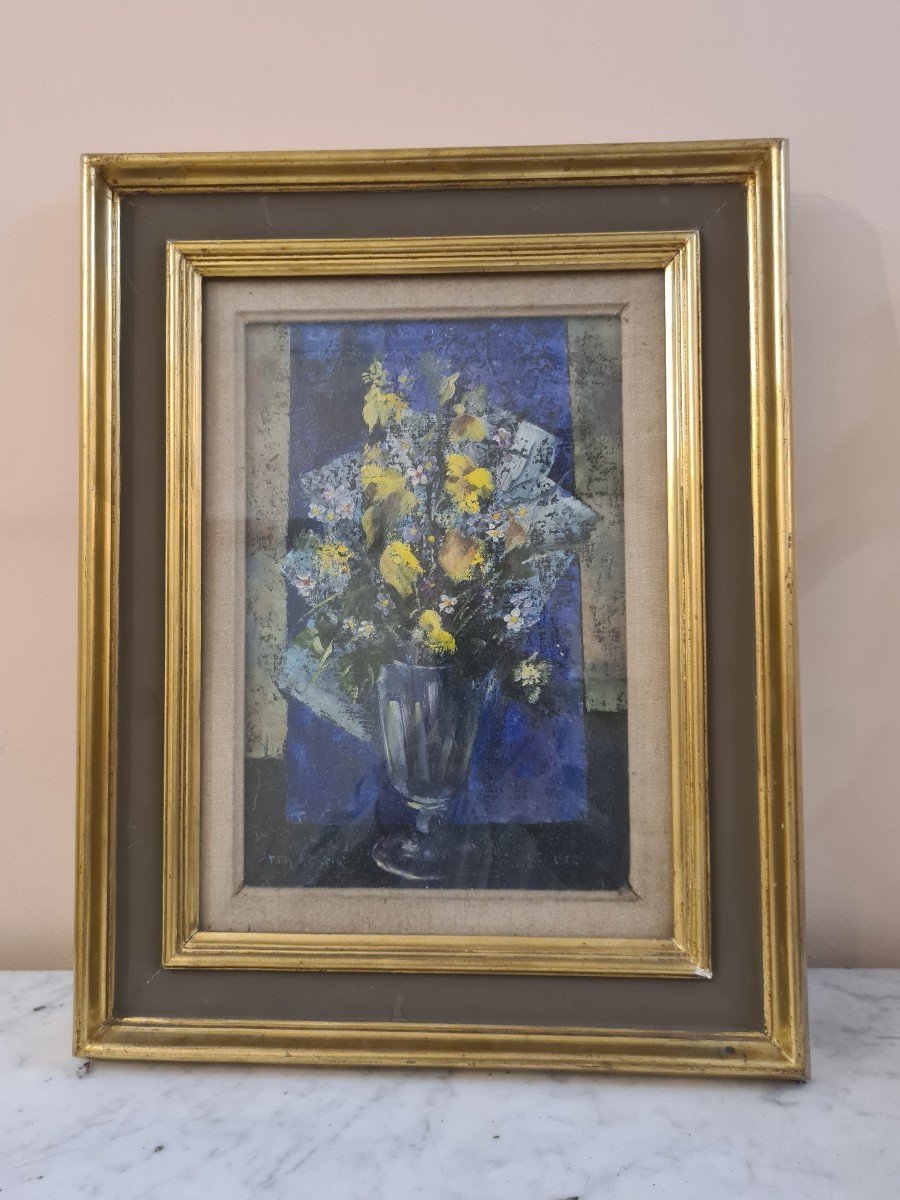 Tony Agostini ,(1916-1990) Bouquet De Fleurs Sur Fond Bleu 