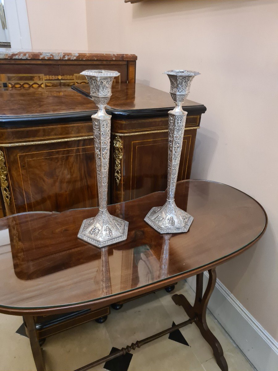 Pair Of Large Candlesticks In Silvered Bronze, Second Half 19th Century.-photo-4