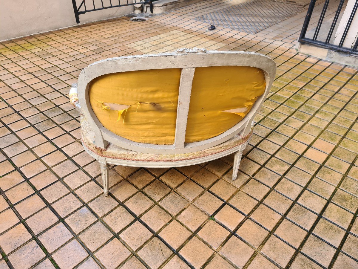 Salon époque Louis XVI En Bois Laqué Estampillé Forget (4 Fauteuils + 1 Canapé) -photo-1