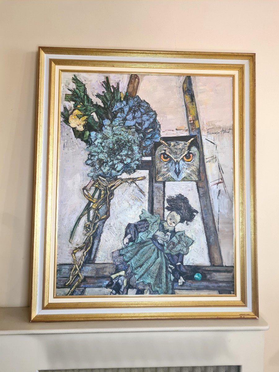 Francoise Adnet (1924-2014) Huile Sur Toile -  "le Hibou Et La Poupée" Signé En Haut à Droite --photo-2