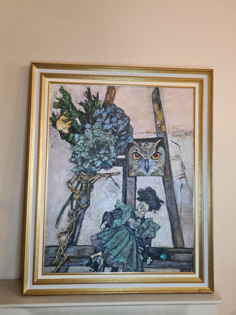 Francoise Adnet (1924-2014) Huile Sur Toile -  "le Hibou Et La Poupée" Signé En Haut à Droite -