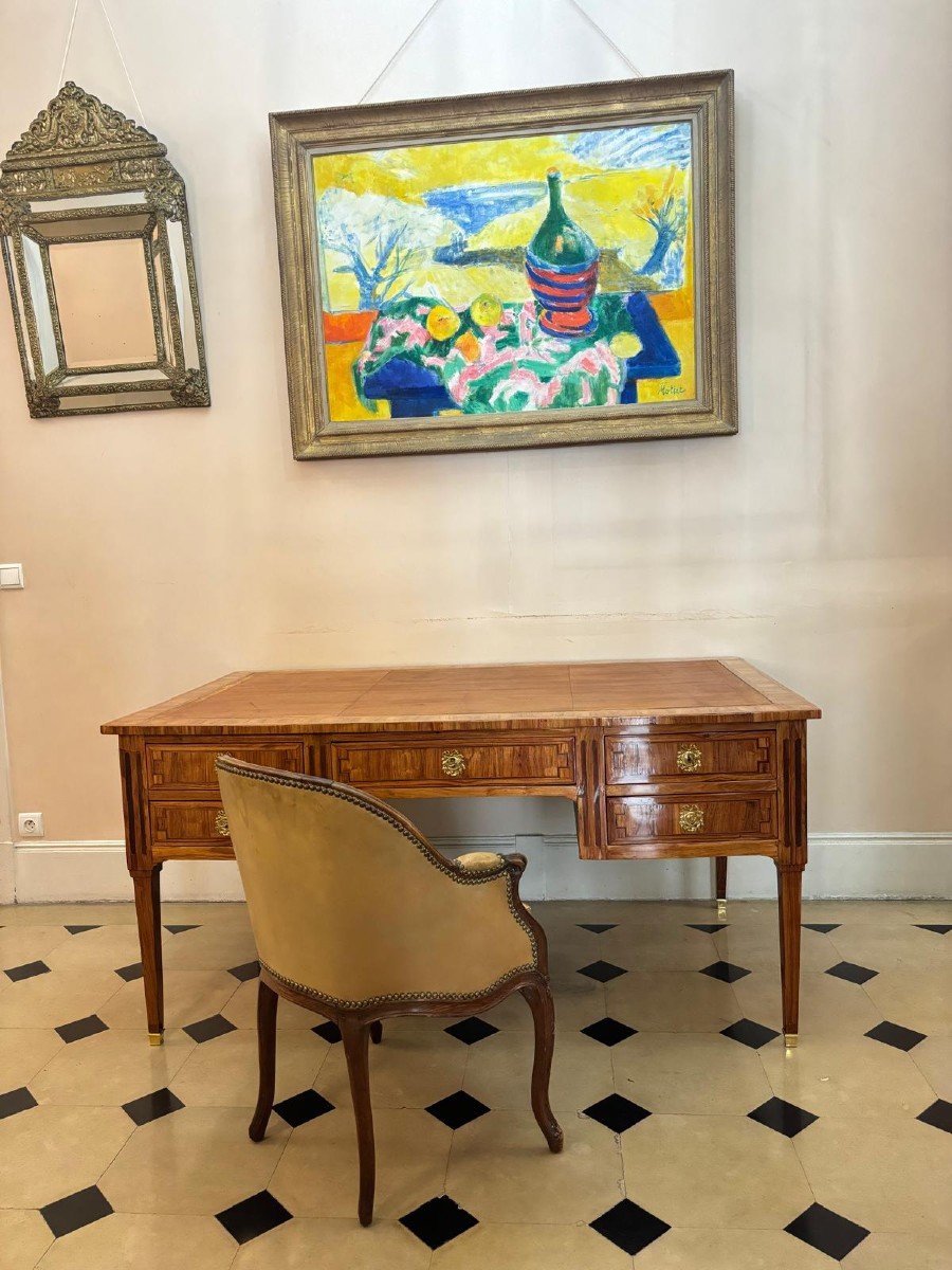 Grand Bureau Plat Dit "bureau Ministre" En Placage De Bois De Bois De Rose , époque Louis XVI-photo-3