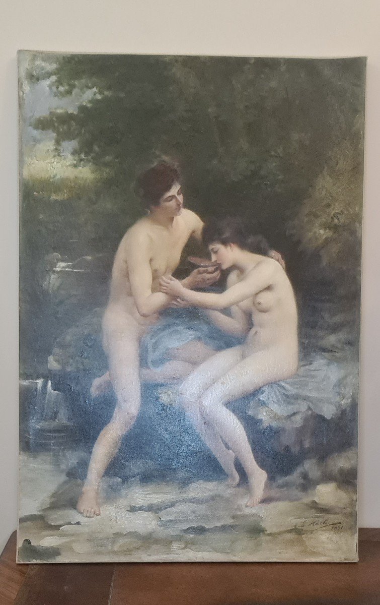 Louis Hierle (1856-1906) 100x 68cm –tristan Et Iseult–signé Daté 1991– Art Pompier - Sans Cadre-photo-2