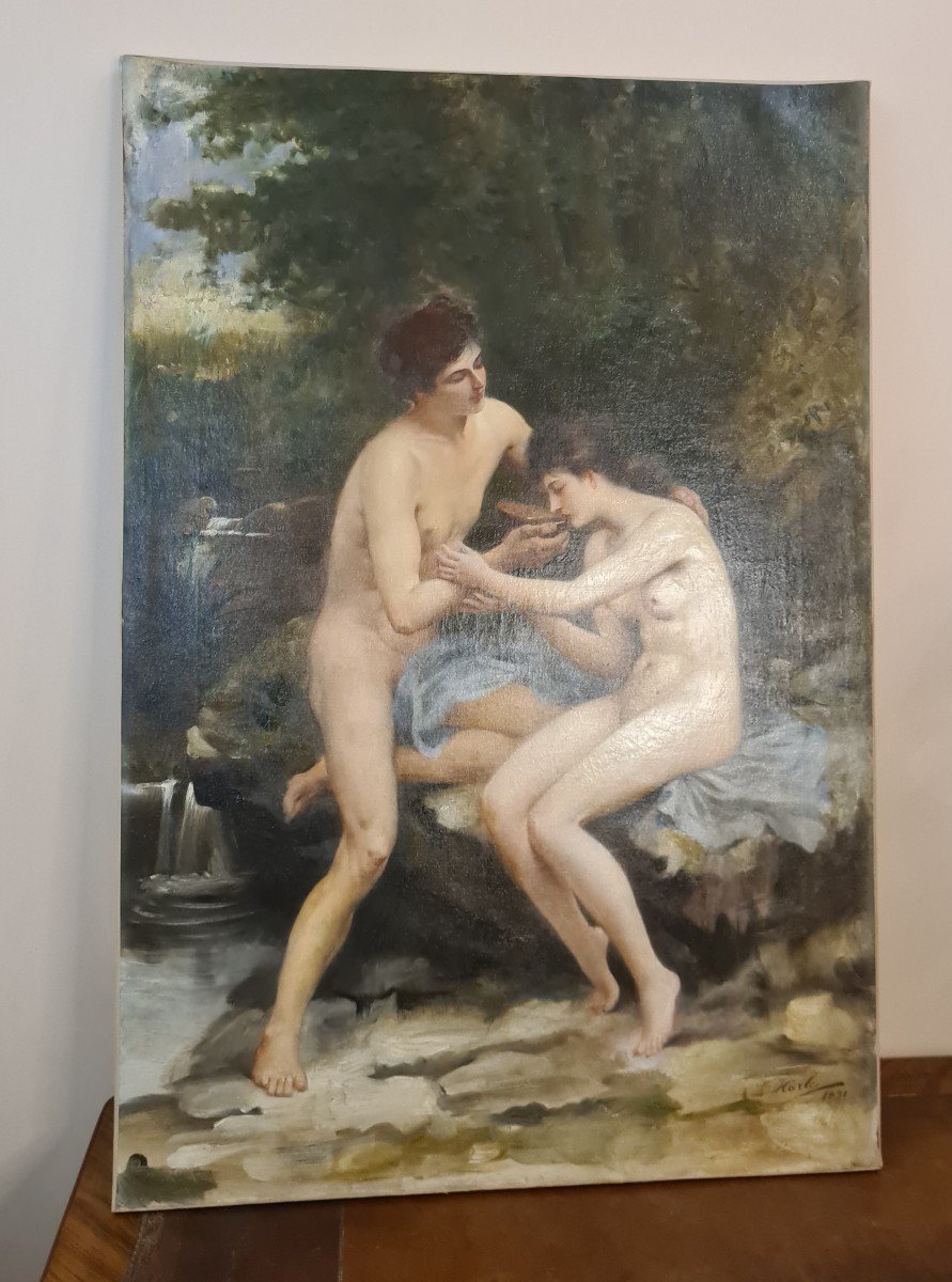 Louis Hierle (1856-1906) 100x 68cm –tristan Et Iseult–signé Daté 1991– Art Pompier - Sans Cadre-photo-4