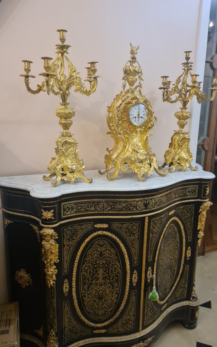 Importante Garniture De Cheminée En Bronze Doré Style Louis XV , Fin XXème -photo-2