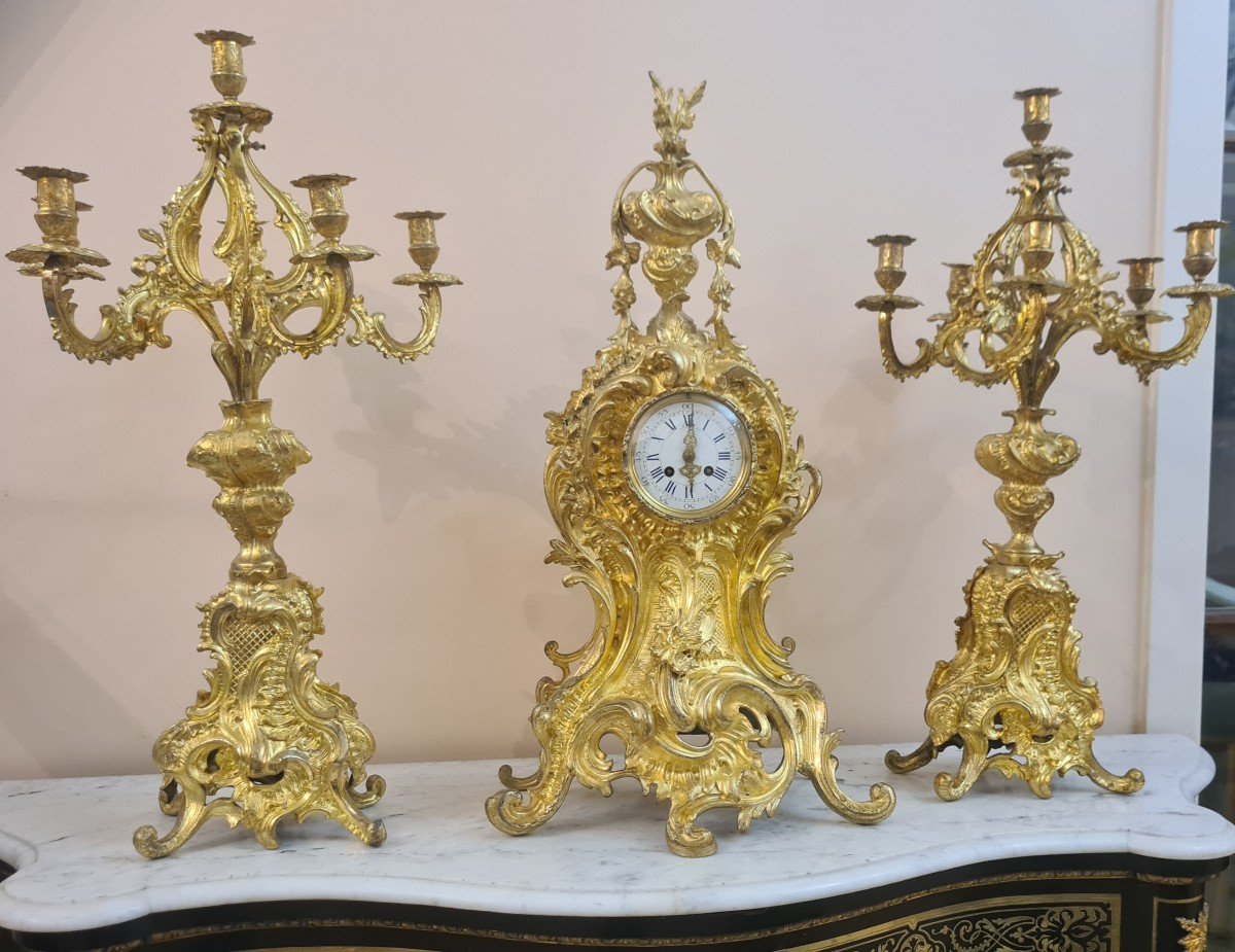 Importante Garniture De Cheminée En Bronze Doré Style Louis XV , Fin XXème -photo-3