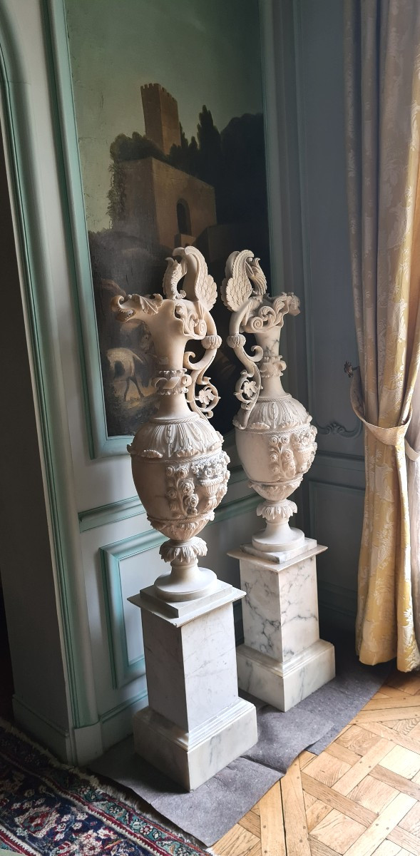 Paire D’aiguières Décorative En Albâtre Richement Sculpté. Italie Voltera  , XIXème .-photo-2
