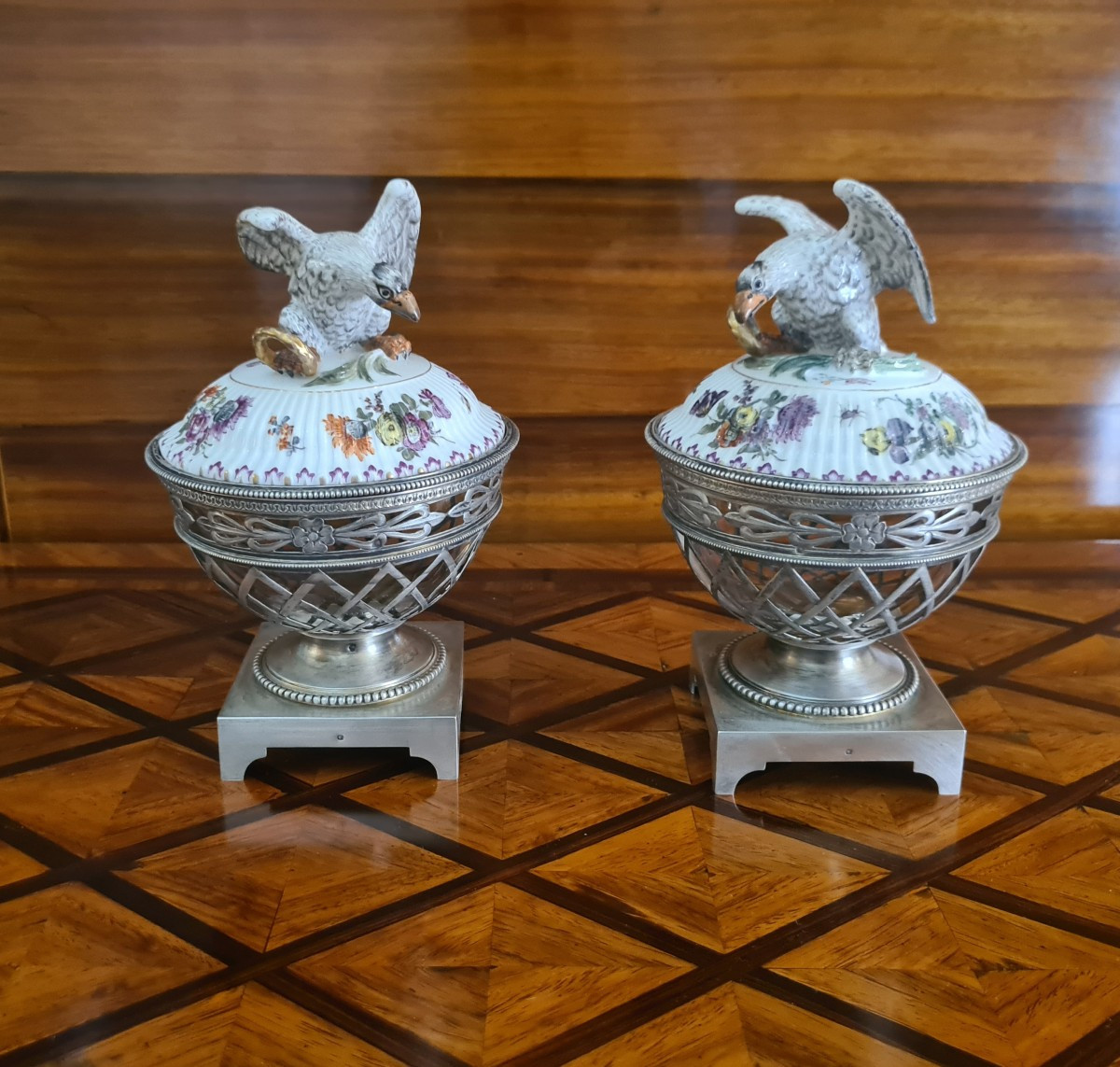 Pair Of Chiseled Silver And Porcelain Incense Burners, Minerva Hallmark