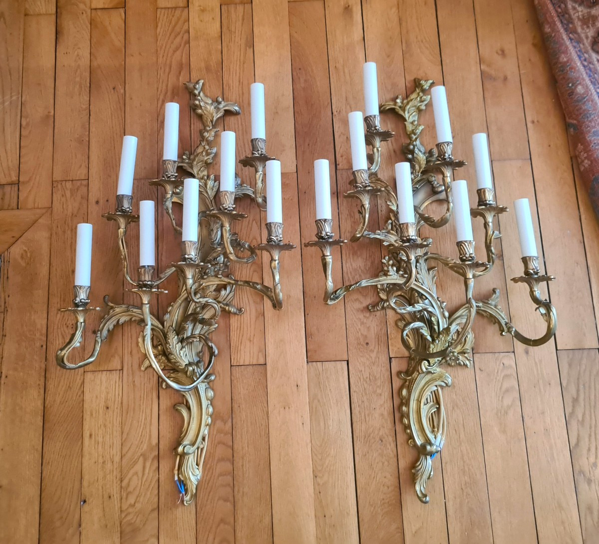 Pair Of 9-arm Gilt Bronze Wall Lights With Louis XV-19th Century Style Decoration.-photo-2