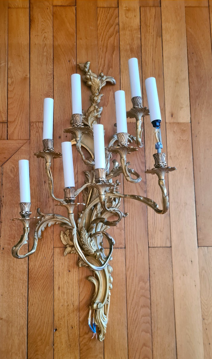 Pair Of 9-arm Gilt Bronze Wall Lights With Louis XV-19th Century Style Decoration.-photo-4
