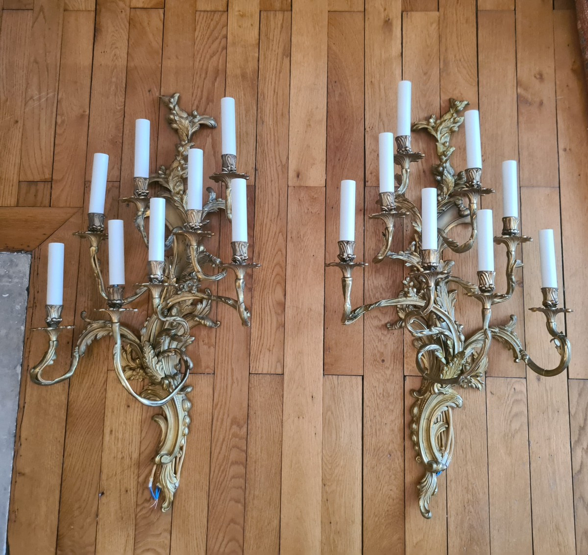 Pair Of 9-arm Gilt Bronze Wall Lights With Louis XV-19th Century Style Decoration.