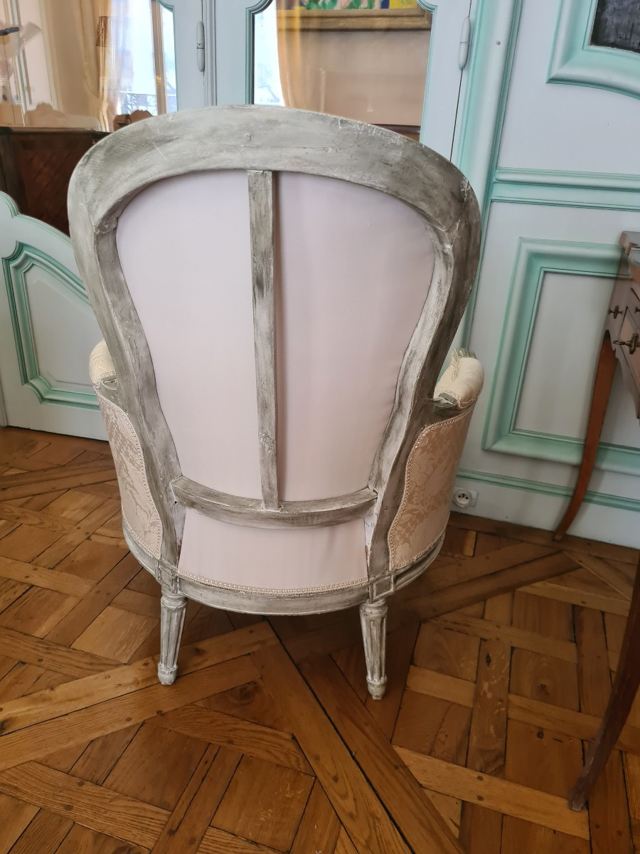 Bergère laquée en gris Trianon , époque TRANSITION  , attribué à Claude CHEVIGNY - circa 1775.-photo-4
