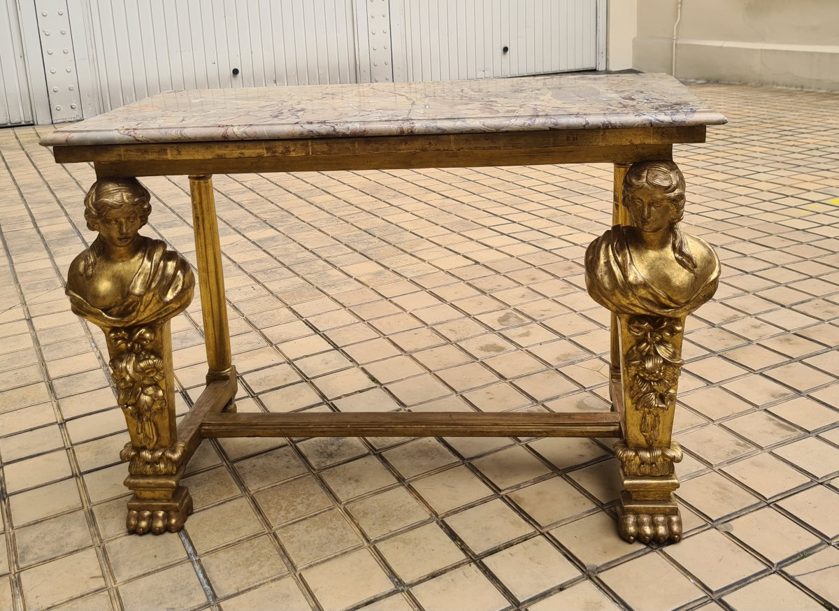 Console à décor de cariatides en bois doré,  Italie première  moitié du XVIIIème.-photo-2
