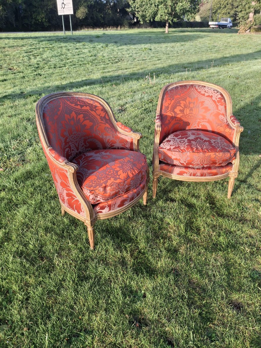 Paire de bergères gondoles en bois doré époque Louis XVI-photo-5