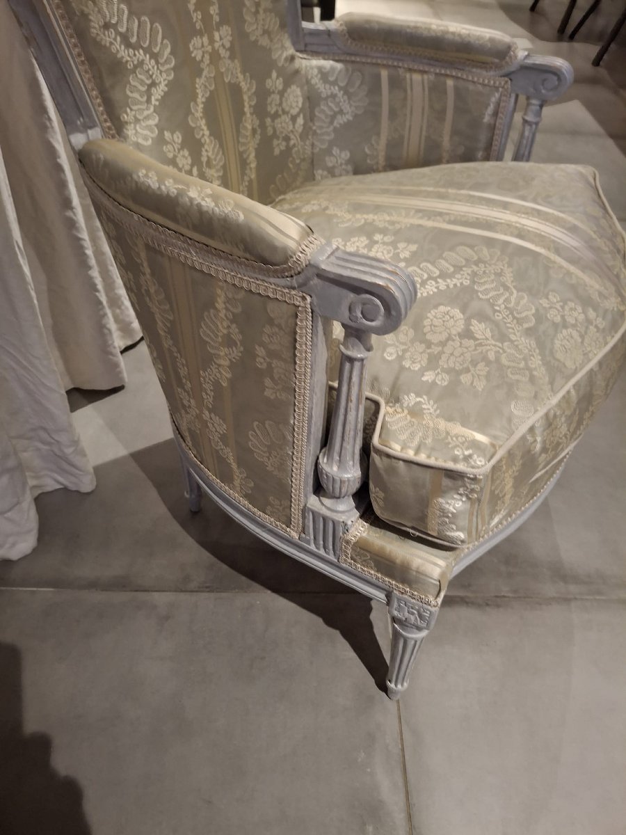 Bergère estampillée DUPAIN (recu Maitre en 1772) en bois sculpté et laqué - Epoque Louis XVI-photo-8