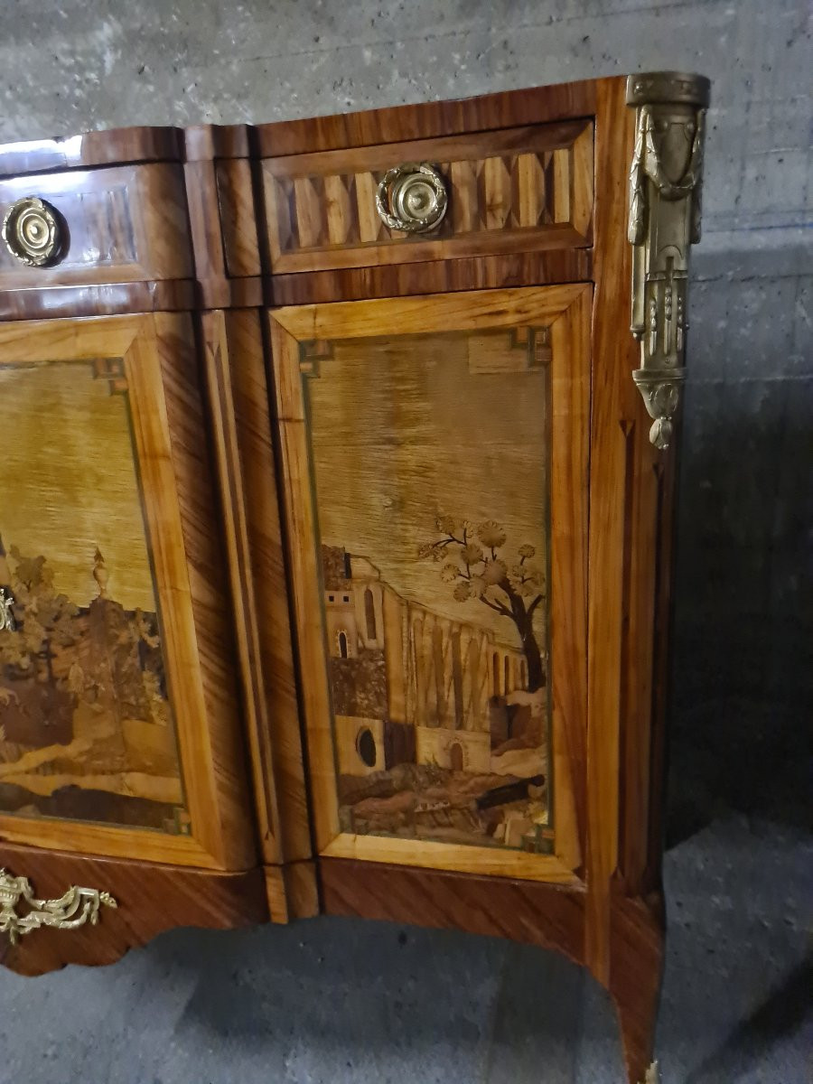 A Louis XVI Style Marquetry Sideboard Or Buffet Depicting Ruins And Landscapes - Stamped Lemas-photo-2