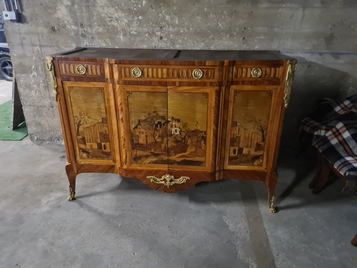  A Louis XVI Style Marquetry Sideboard Or Buffet Depicting Ruins And Landscapes - Stamped Lemas-photo-5