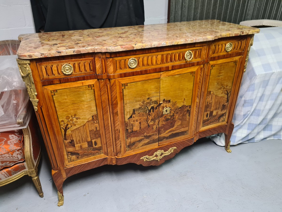  A Louis XVI Style Marquetry Sideboard Or Buffet Depicting Ruins And Landscapes - Stamped Lemas