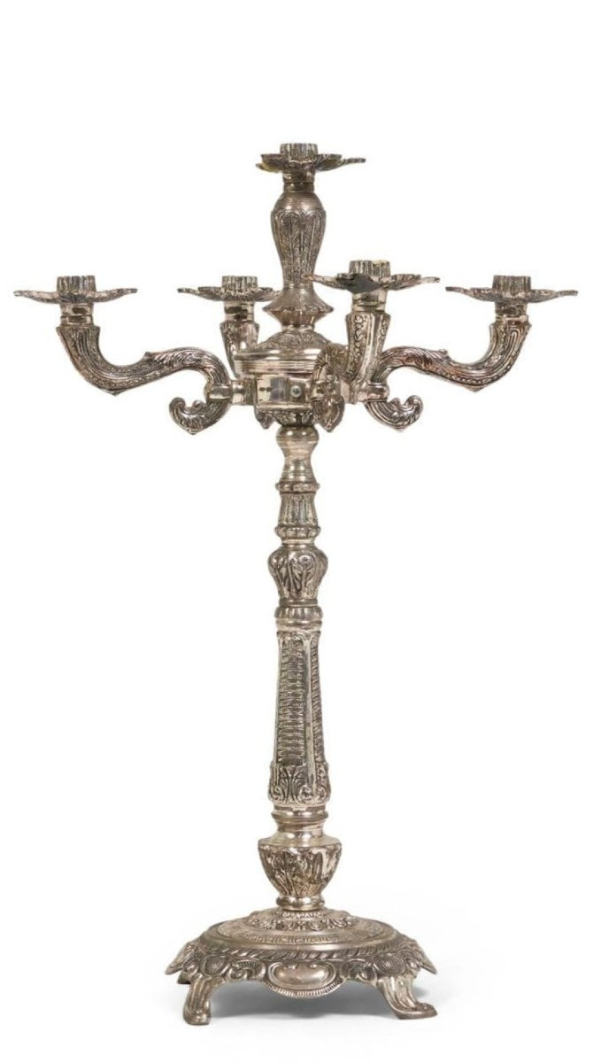 A Large Pair Of Silvered Bronze Candelabra With Five Lights-photo-2