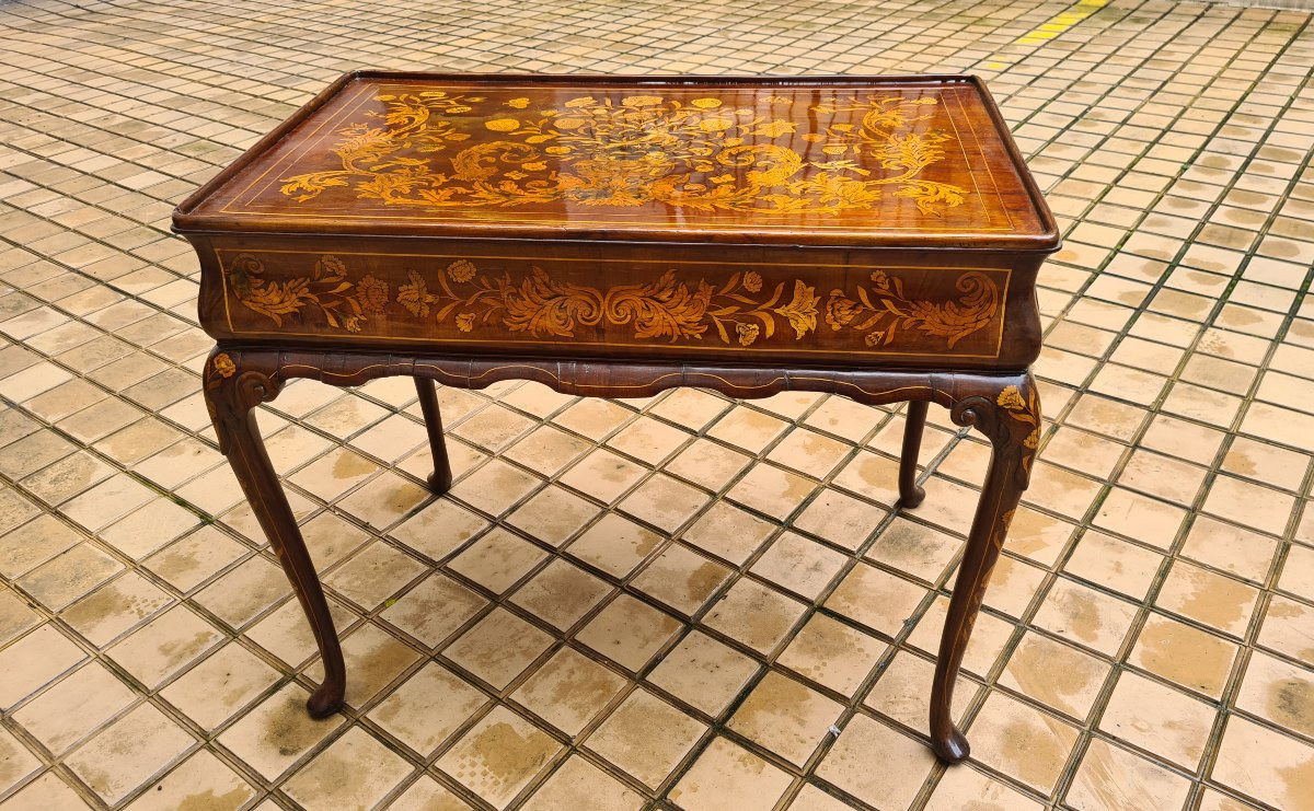 Table de milieu ,Hollande fin XVIIIème, riche marqueterie de rinceaux feuillagés et fleuris-photo-6