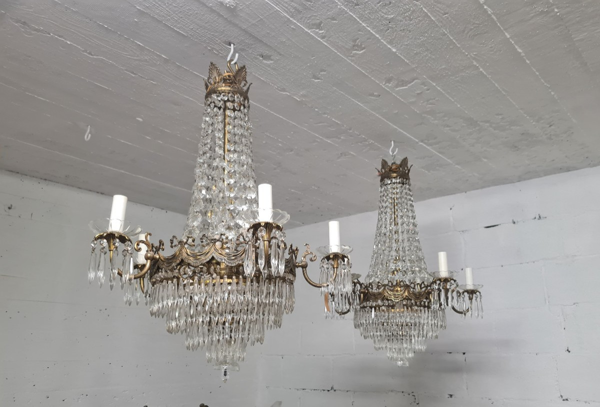 Pair Of Crystal And Gilt Bronze Chandeliers, Louis XVI Style, 19th Century-photo-3