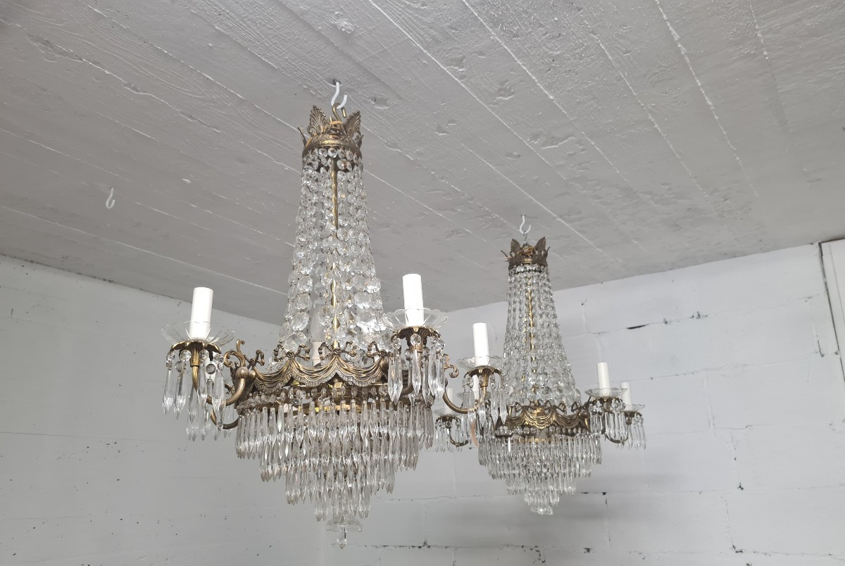 Pair Of Crystal And Gilt Bronze Chandeliers, Louis XVI Style, 19th Century-photo-4