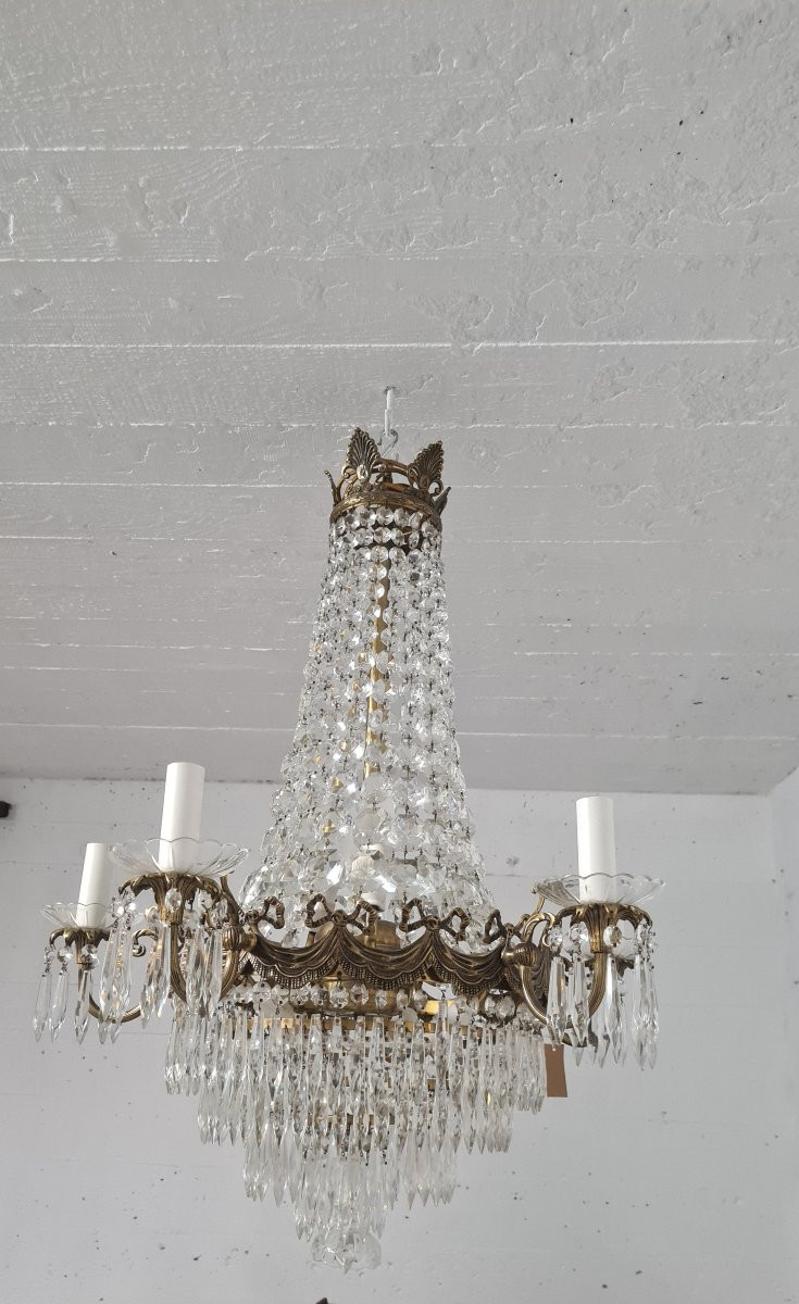 Pair Of Crystal And Gilt Bronze Chandeliers, Louis XVI Style, 19th Century-photo-1