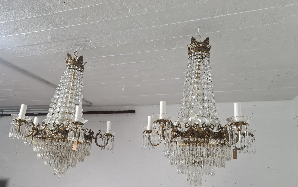 Pair Of Crystal And Gilt Bronze Chandeliers, Louis XVI Style, 19th Century-photo-2