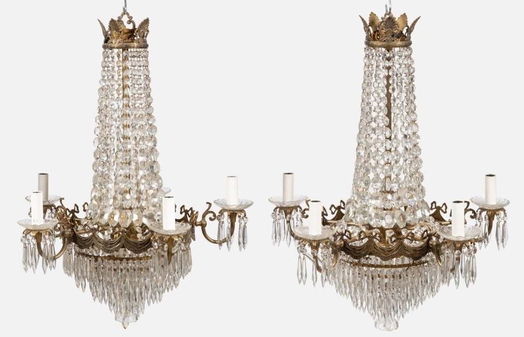 Pair Of Crystal And Gilt Bronze Chandeliers, Louis XVI Style, 19th Century