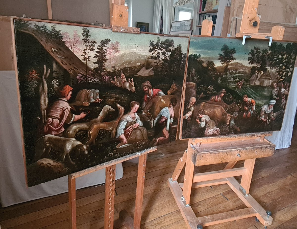 École vénitienne, atelier de Bassano début XVIIème-Paire de toiles «Les Vendanges-Les Récoltes»-photo-2