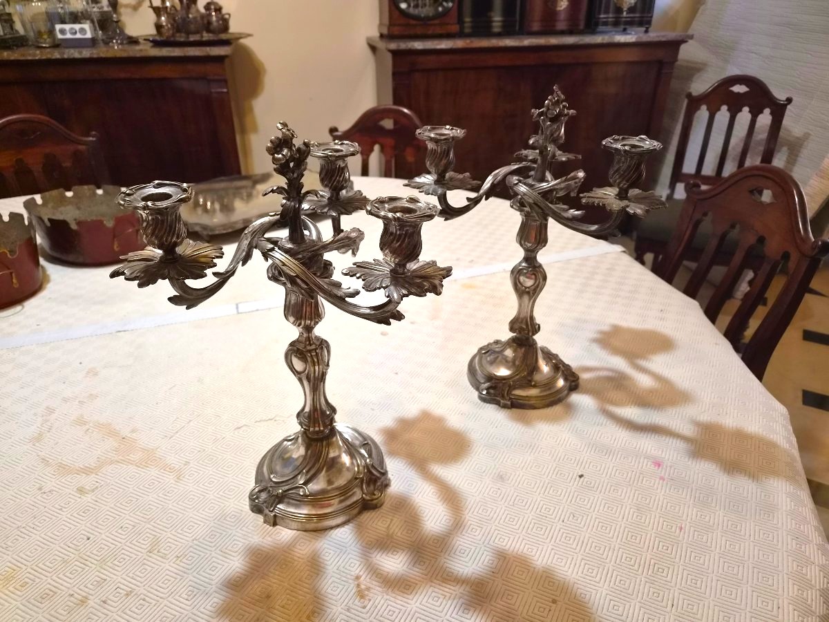 Pair Of Four-light Silver-plated Candelabra In The Louis XVI Style. 19th Century