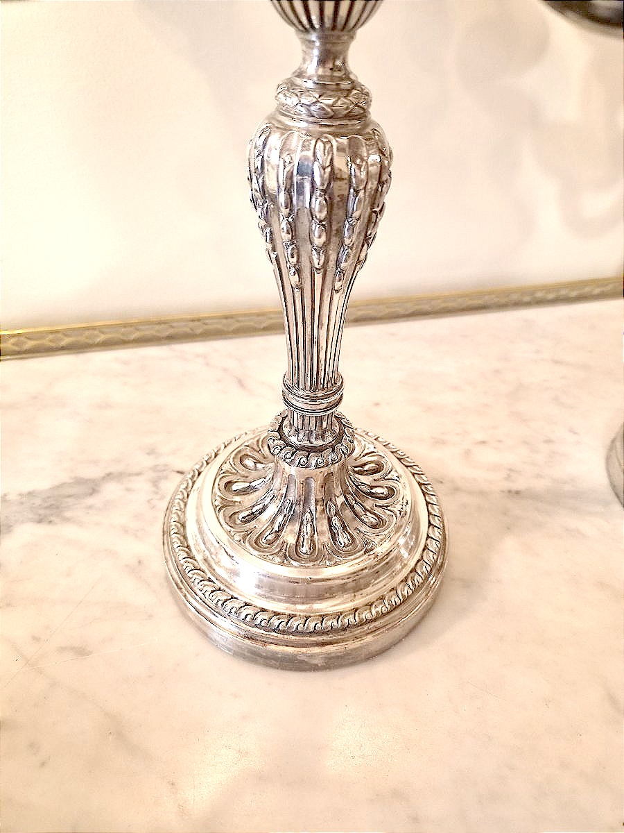 paire de candélabres en bronze argenté de style Louis XVI , seconde moitié XIXème . -photo-2