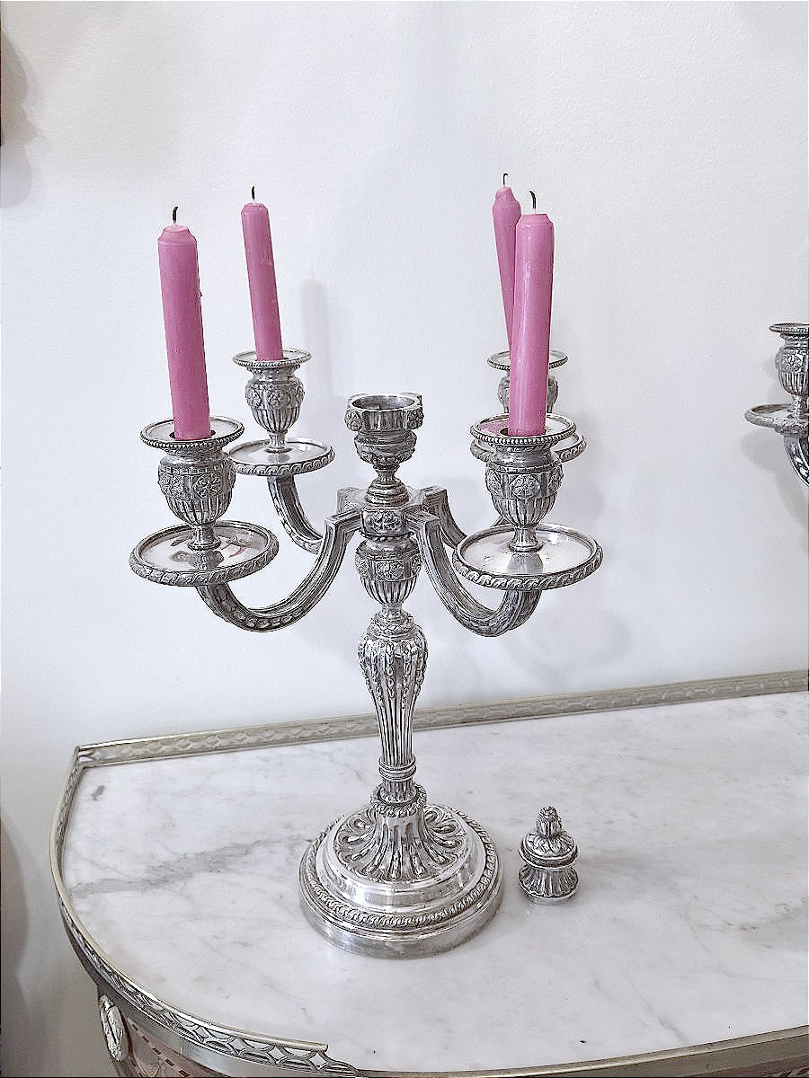 paire de candélabres en bronze argenté de style Louis XVI , seconde moitié XIXème . -photo-1
