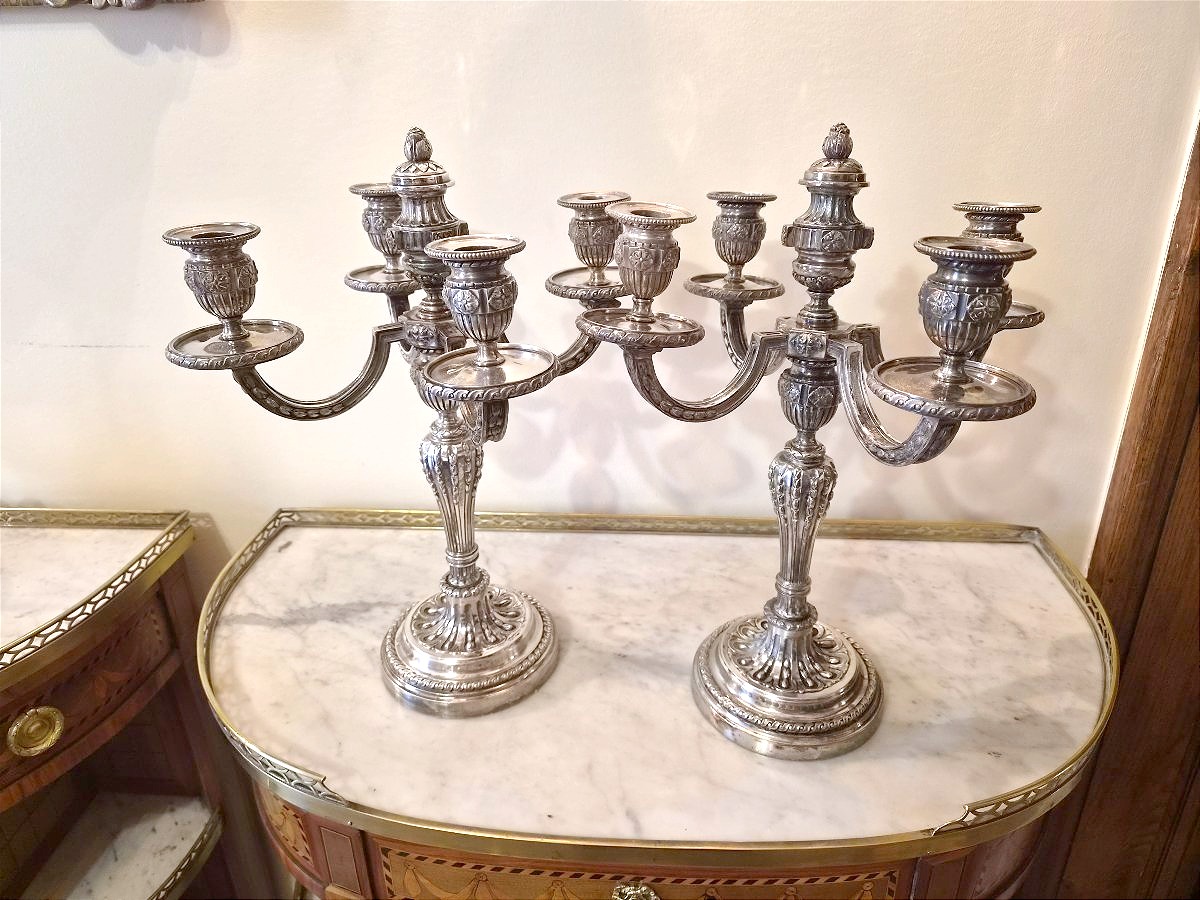 paire de candélabres en bronze argenté de style Louis XVI , seconde moitié XIXème . 