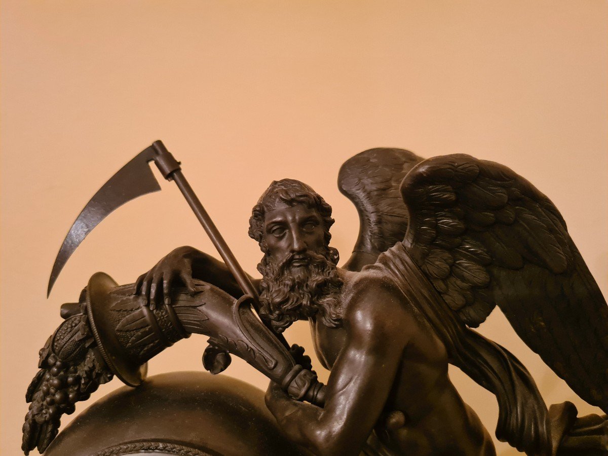 Pendule, « Allégorie Du Temps », En Bronze Patiné Et Marbre Jaune De Sienne, époque Charles X ,-photo-2