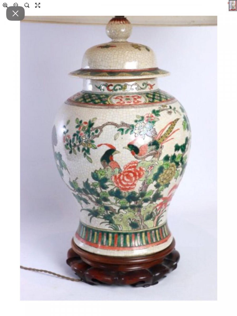 Potiche Montée En Lampe - Porcelaine Et émaux De La Famille Verte - Chine XIXeme. 