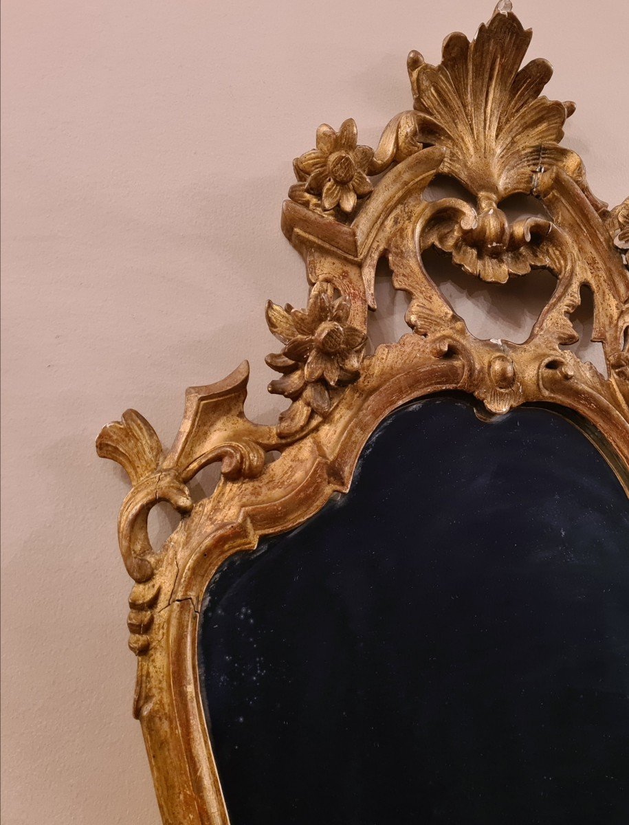 Miroir à Fronton En Bois Doré De Style XVIIIème, Italie Du Nord , Probablement Venise,  Fin 19è-photo-1