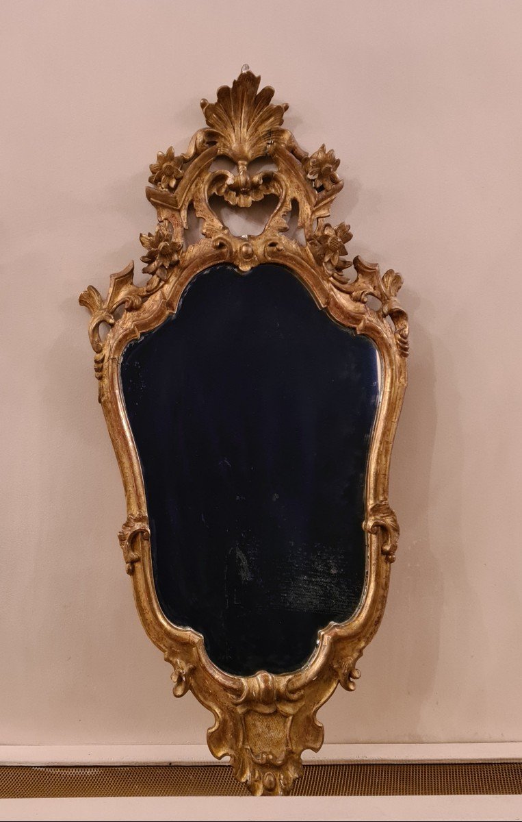 Miroir à Fronton En Bois Doré De Style XVIIIème, Italie Du Nord , Probablement Venise,  Fin 19è
